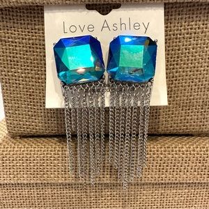 NWT Love Ashley Earrings faceted iridescent blue crystal w/ silver chain tassel